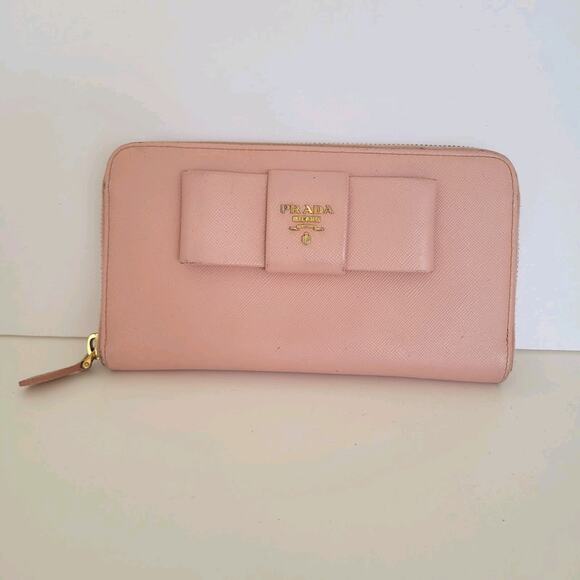 PRADA Saffiano Fiocco Orchidea Wallet Clutch Large Light Pink Zip Around Bow - Picture 1 of 11